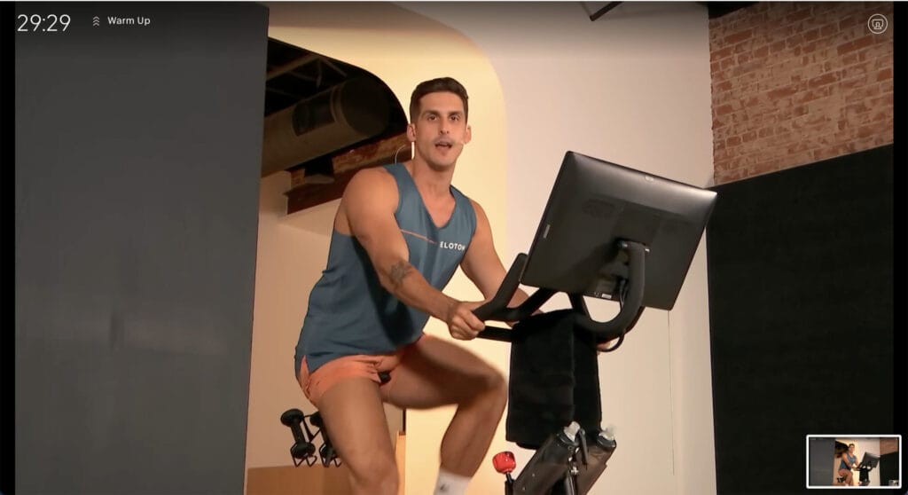 Low angle shot from the temporary west coast Peloton Studio in the Pasadena Peloton showroom.