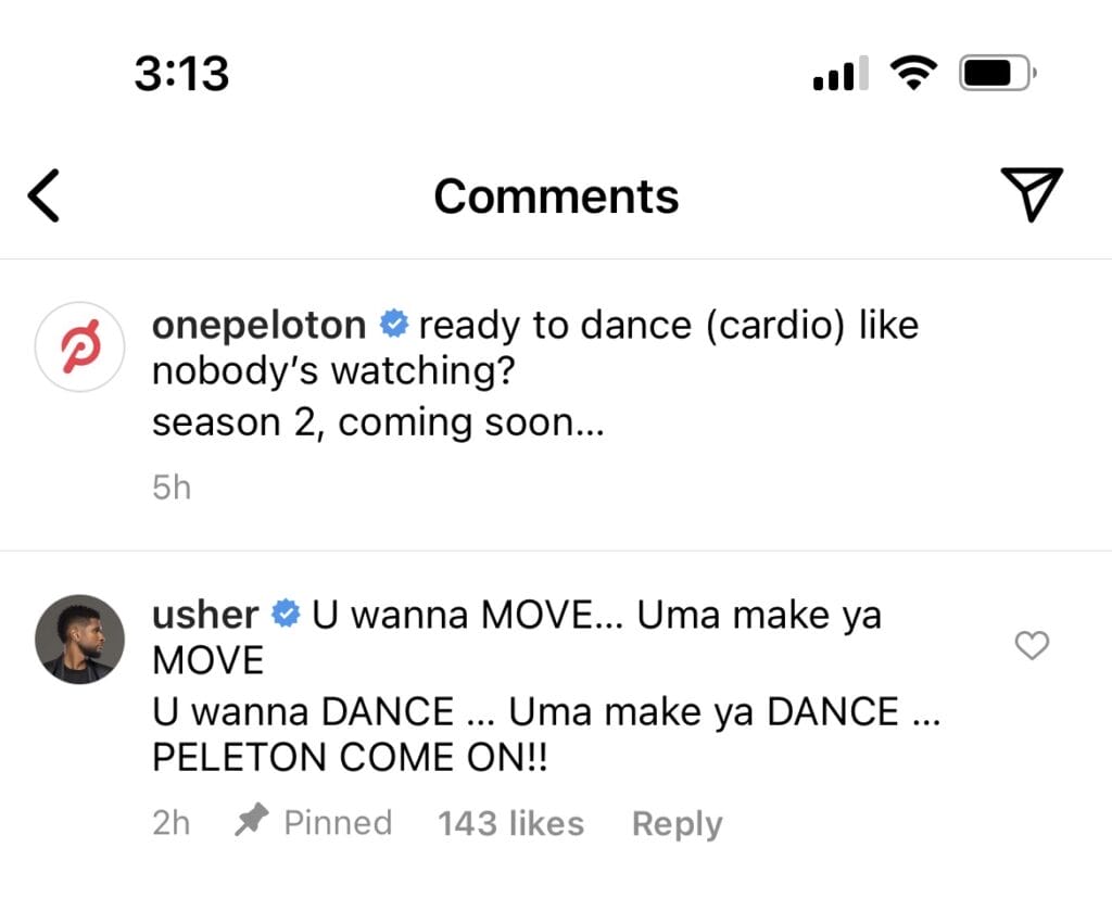Comment from Usher on Peloton's Dance Cardio post.