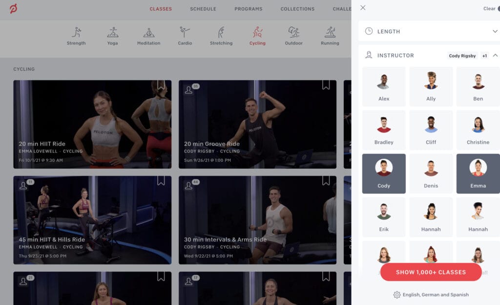 The Peloton web interface with the new multi select filters.