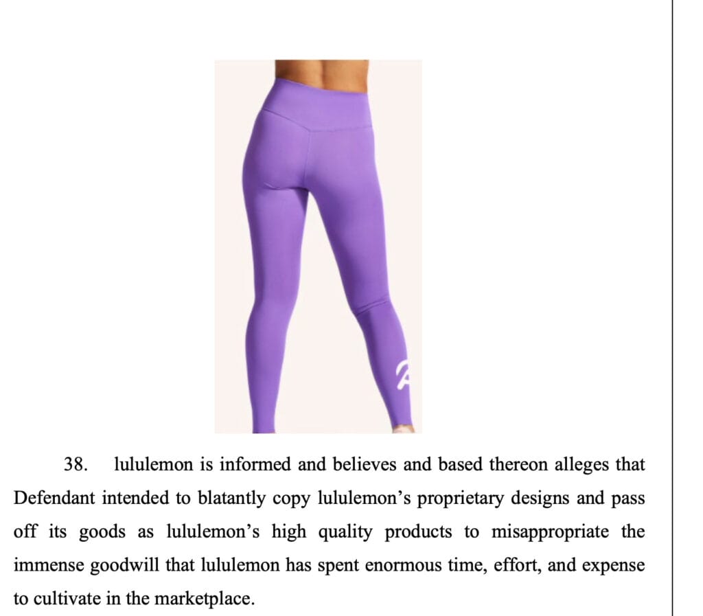 Screenshot from lawsuit showing an example of Peloton's pants.