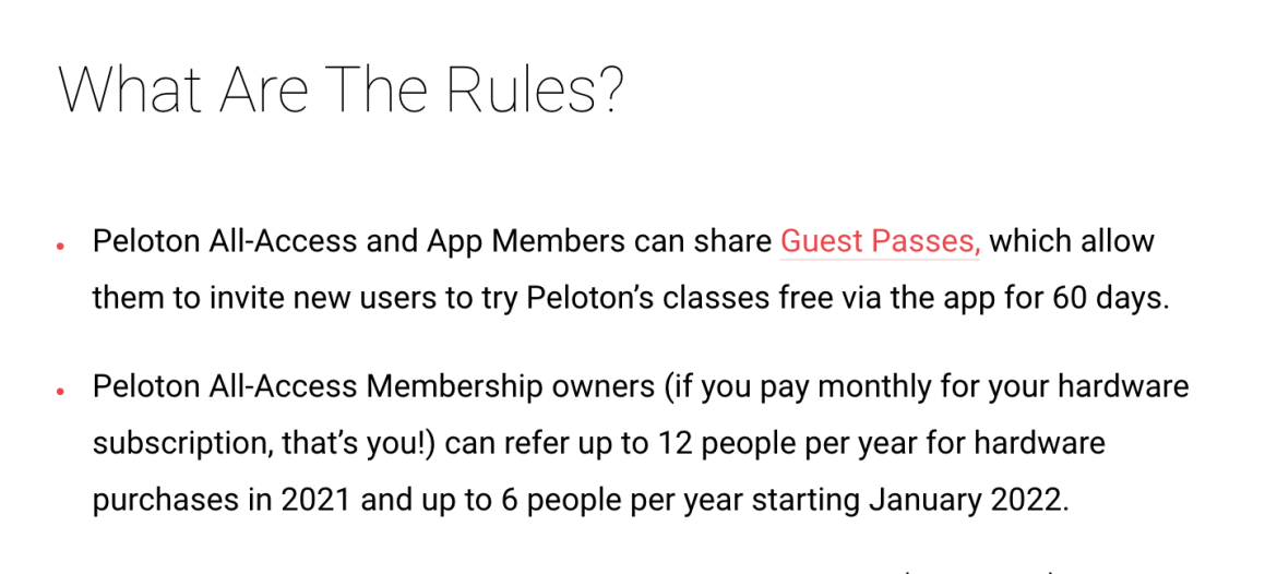 Screenshot of Peloton blog post mentioning new limit on referrals for 2022.