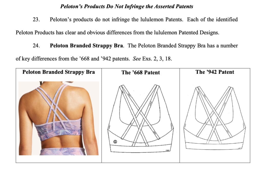 Screenshot from lawsuit, showing one of Peloton's product next to the lululemon design patent.