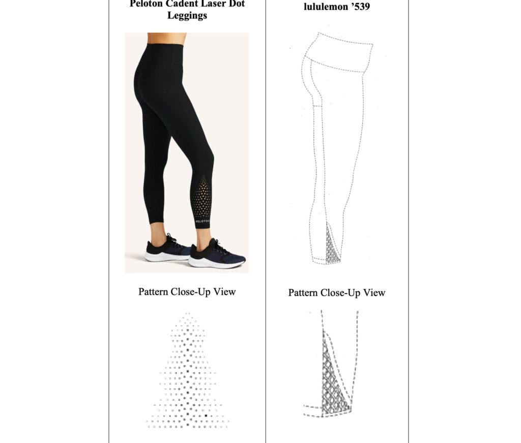 Screenshot from lawsuit, showing a second Peloton product next to the lululemon design patent.