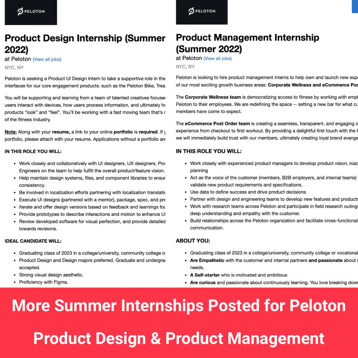 New Summer 2022 Peloton Internships Posted Product Management