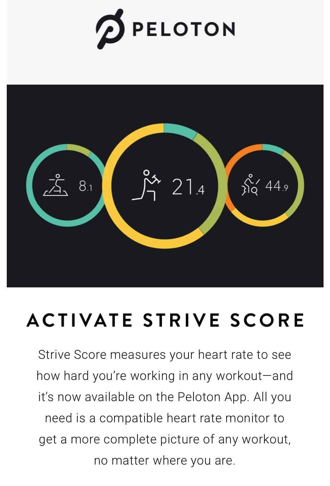 Peloton email to App users regarding the Strive Score