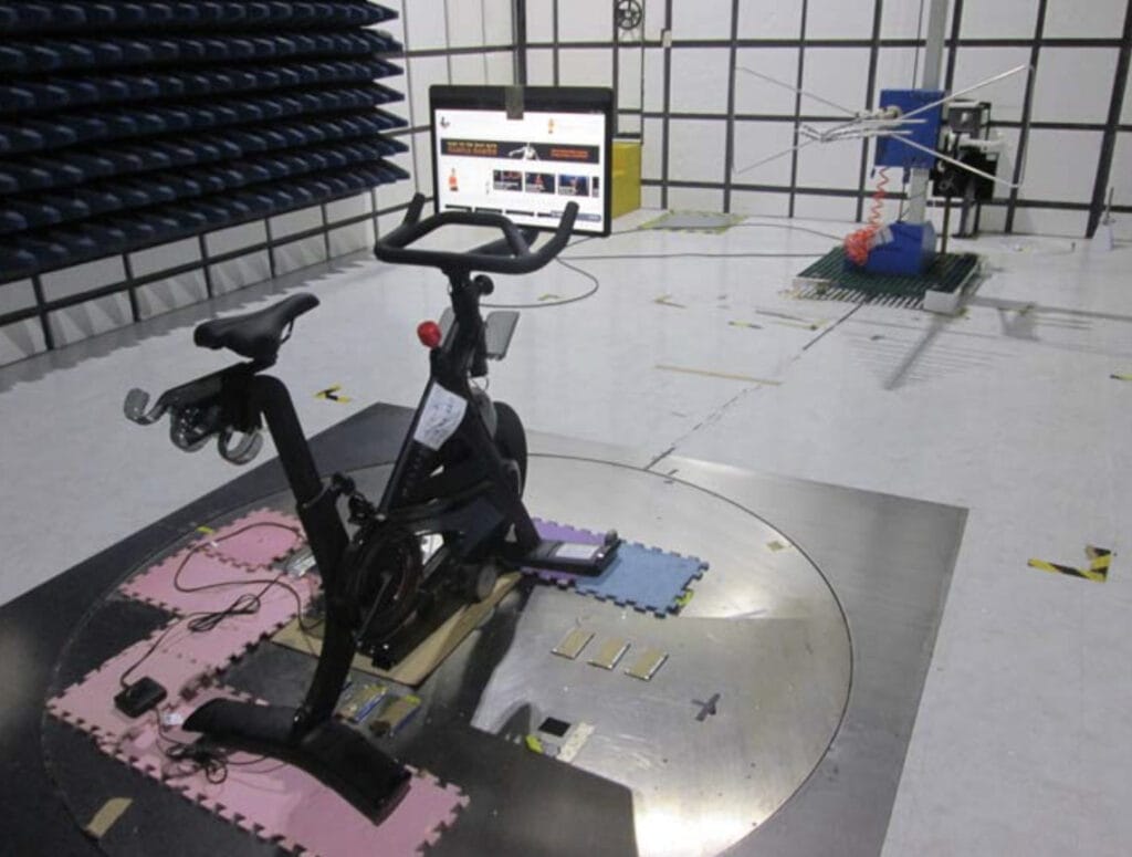 Image of the 2AA3N-TTR02 tablet seen on a Peloton Bike+ in a testing lab from the FCC documents.