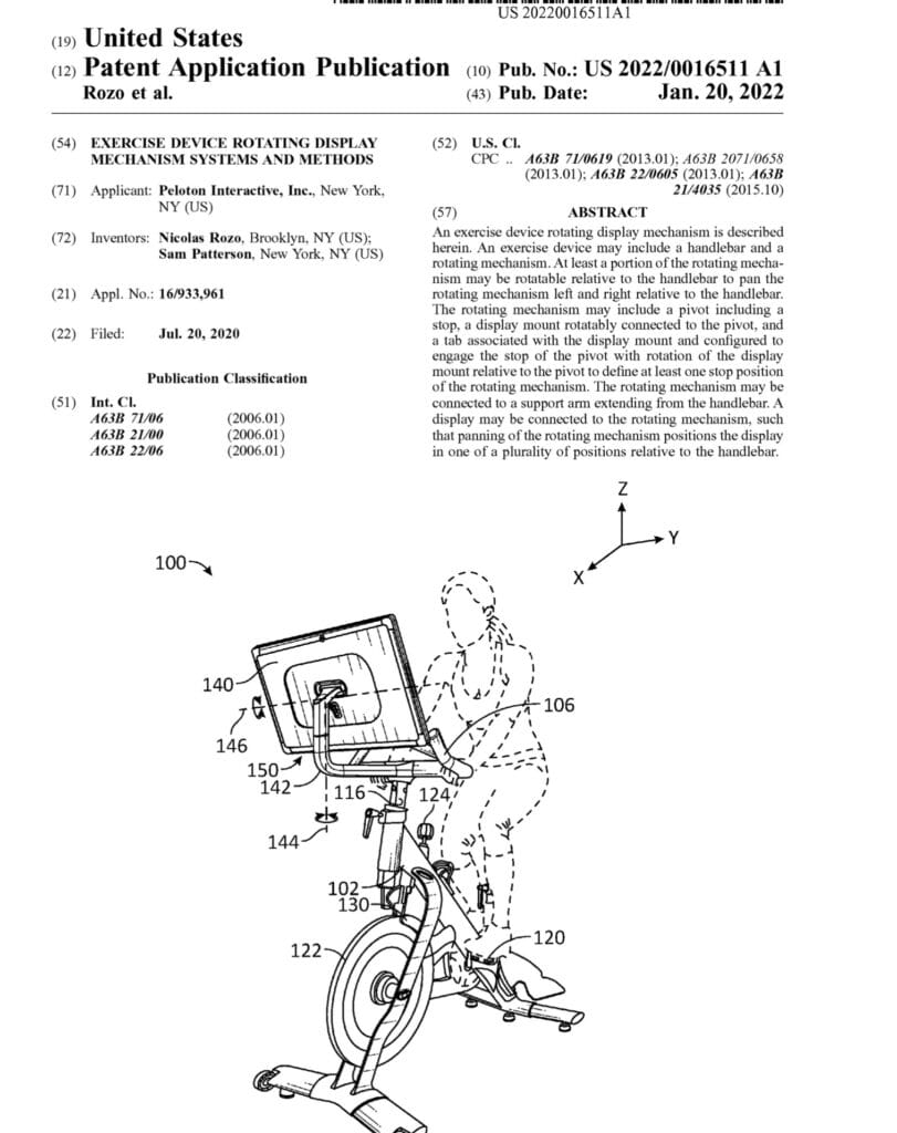 The cover page of the new Peloton patent for the Bike+ rotating screen.