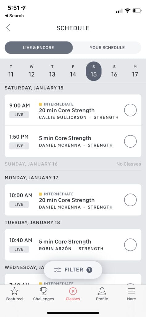 Display of filtered upcoming class schedule by class type (core).