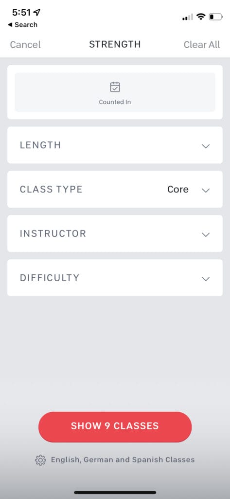 iOS App pre-update that allowed filtering by class type.