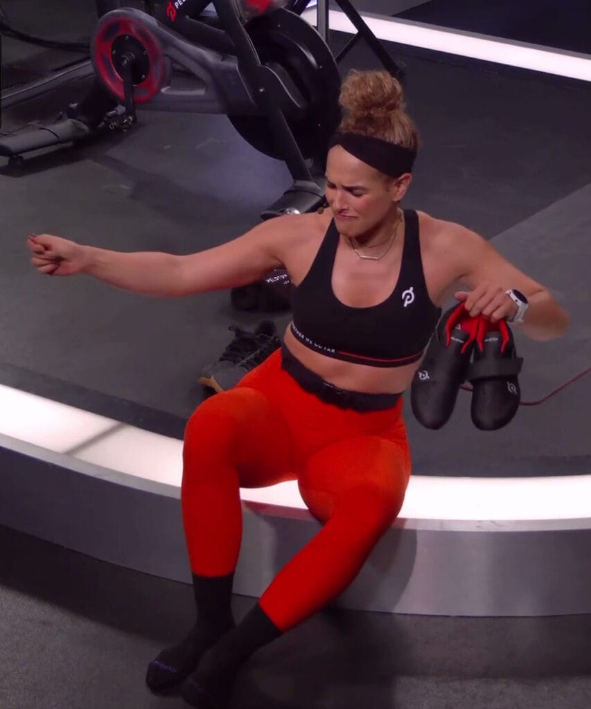 During each of the transitions, Jess shows off the new Peloton shoes, including the velcro strap to take them on and of.