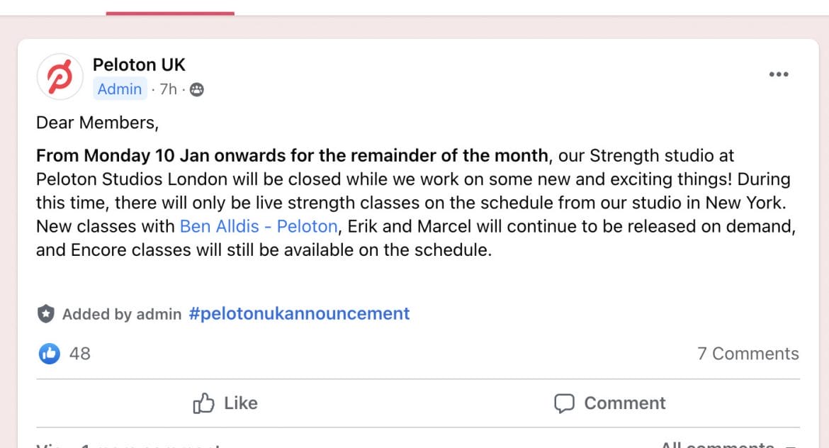 Peloton message to UK Official Peloton U.K. Member Group on Facebook