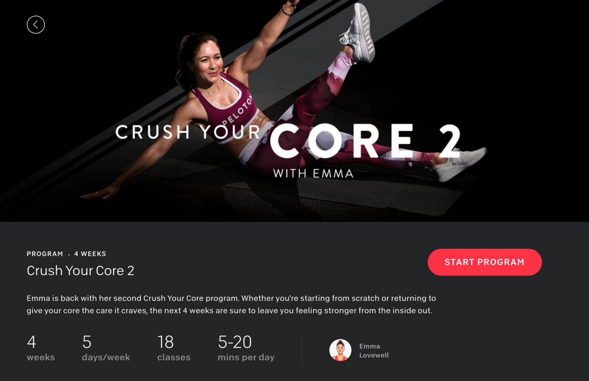 Peloton Crush Your Core 2 Program with Emma Lovewell Class List