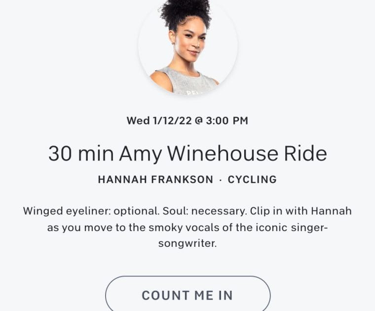 Amy Winehouse Ride with Hannah Frankson on Peloton schedule.