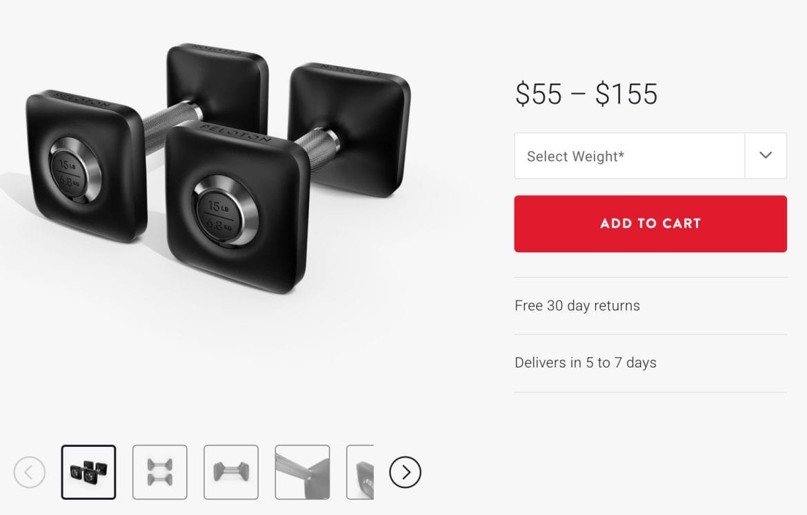 Updated dumbbell pricing on Peloton's website.