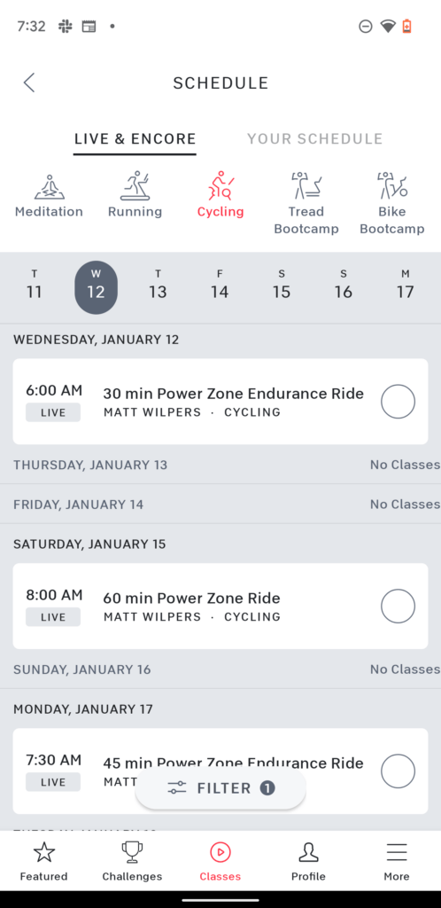 Current Android App displaying ability to filter upcoming schedule by class type.