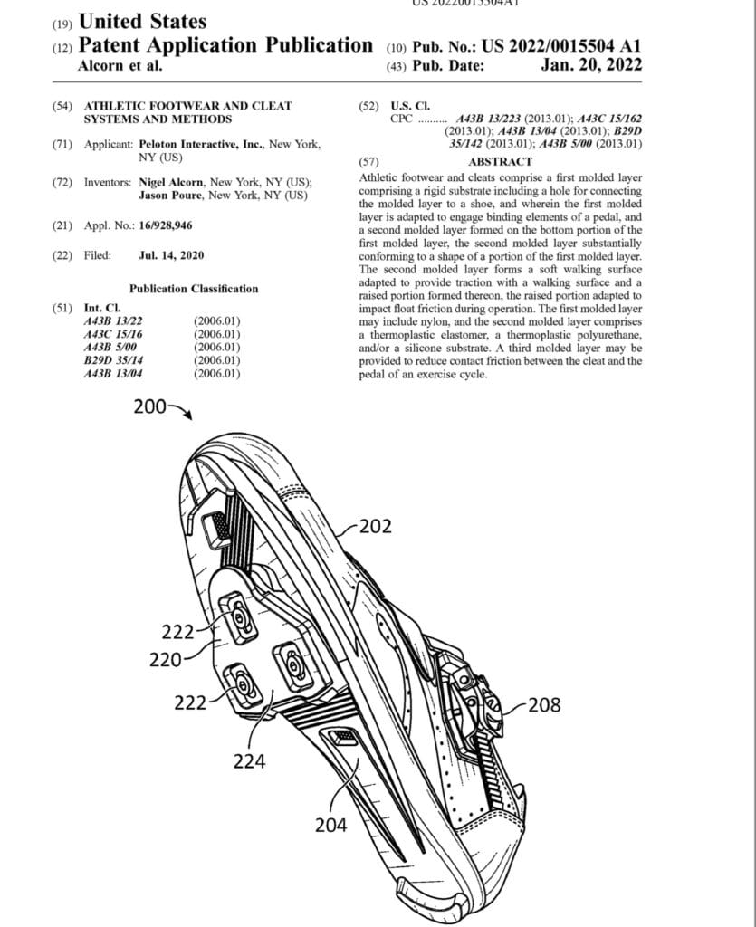 First page of Peloton's new patent related to cycling shoes & cleats.
