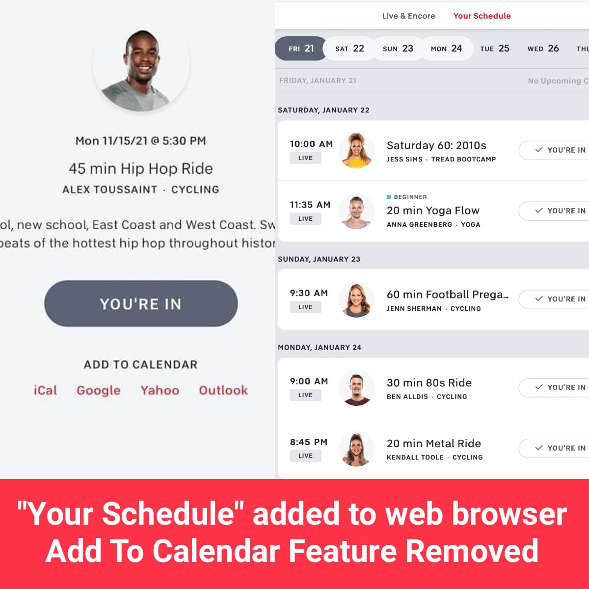 Peloton Scheduling Feature ("Your Schedule") Now on Web; Add to 