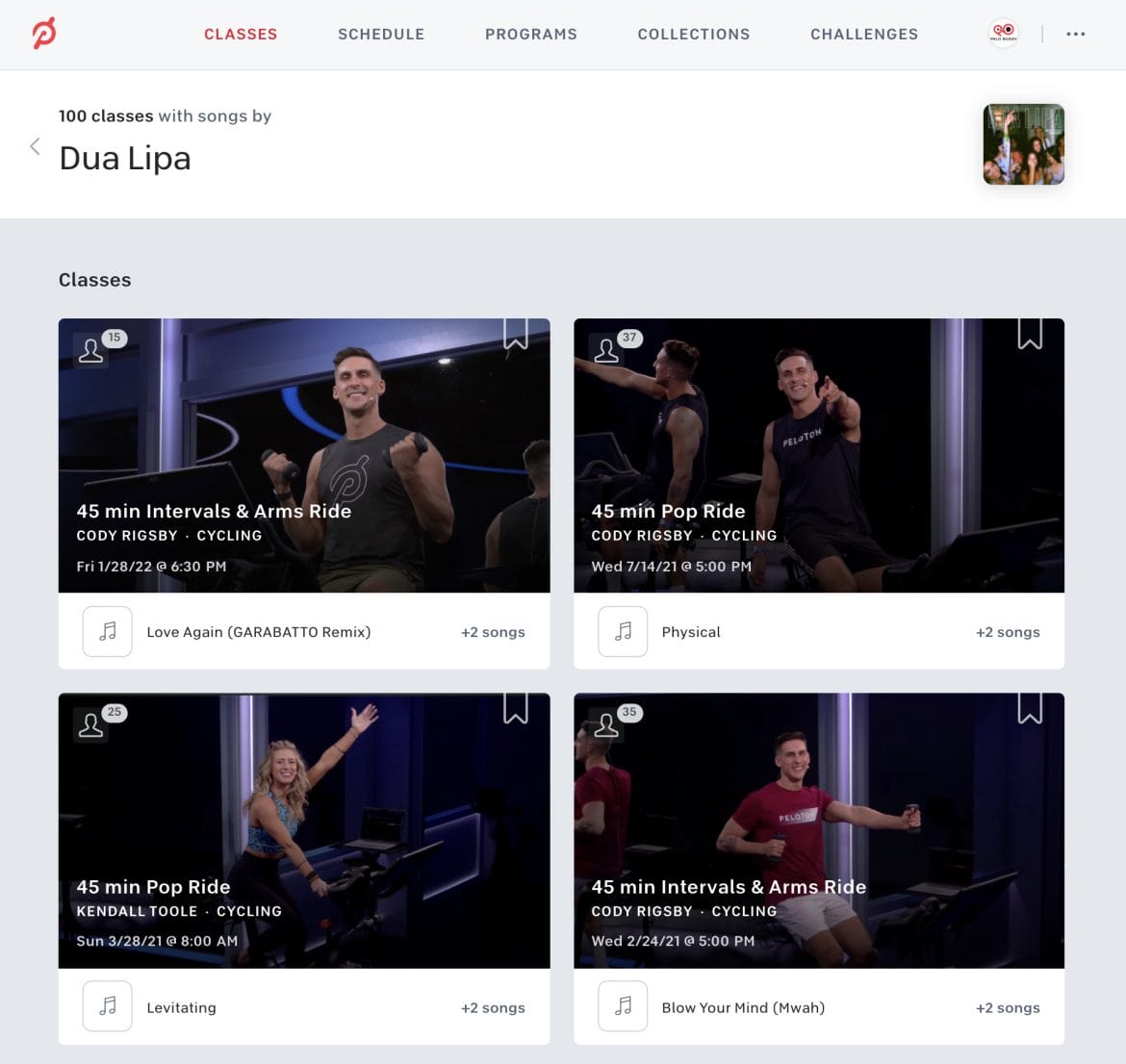 Dua Lipa class search on Peloton web browser.