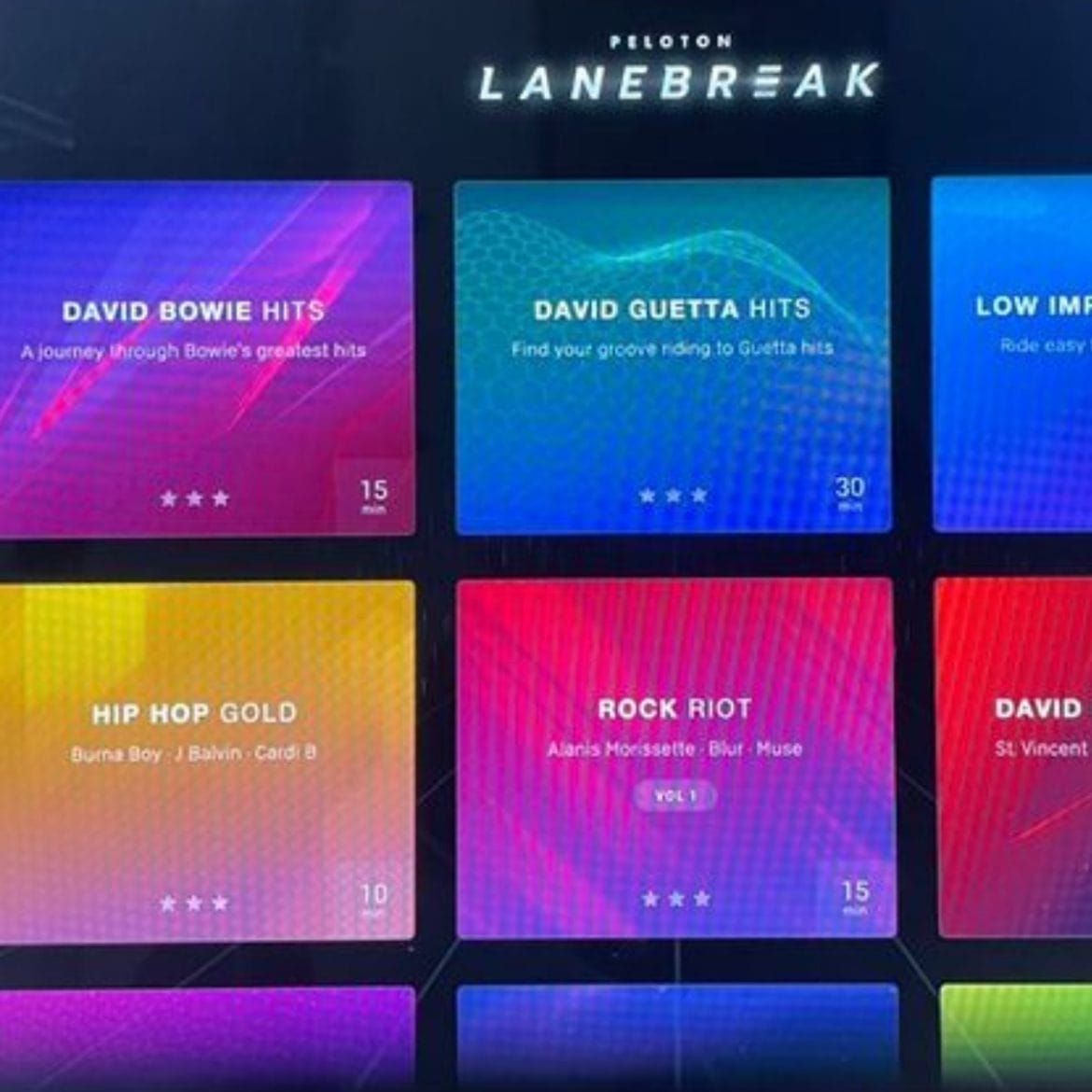 Image of some of the different playlists available in Peloton Lanebreak.
