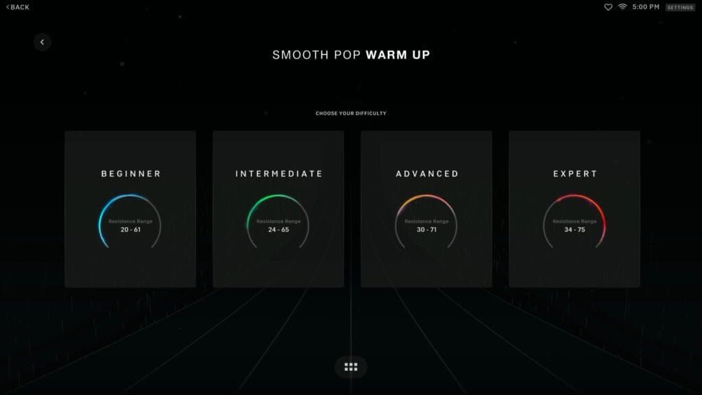 The 4 different difficulty levels on Peloton Lanebreak are seen here.