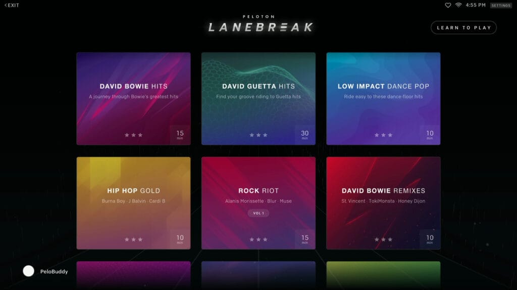 The screen that shows the lists of playlists/levels that are available in Peloton Lanebreak.