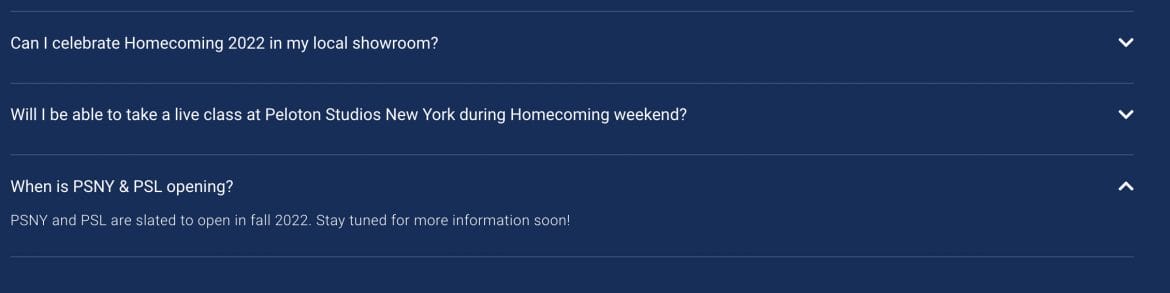Screenshot of the FAQ from the Peloton Homecoming Page