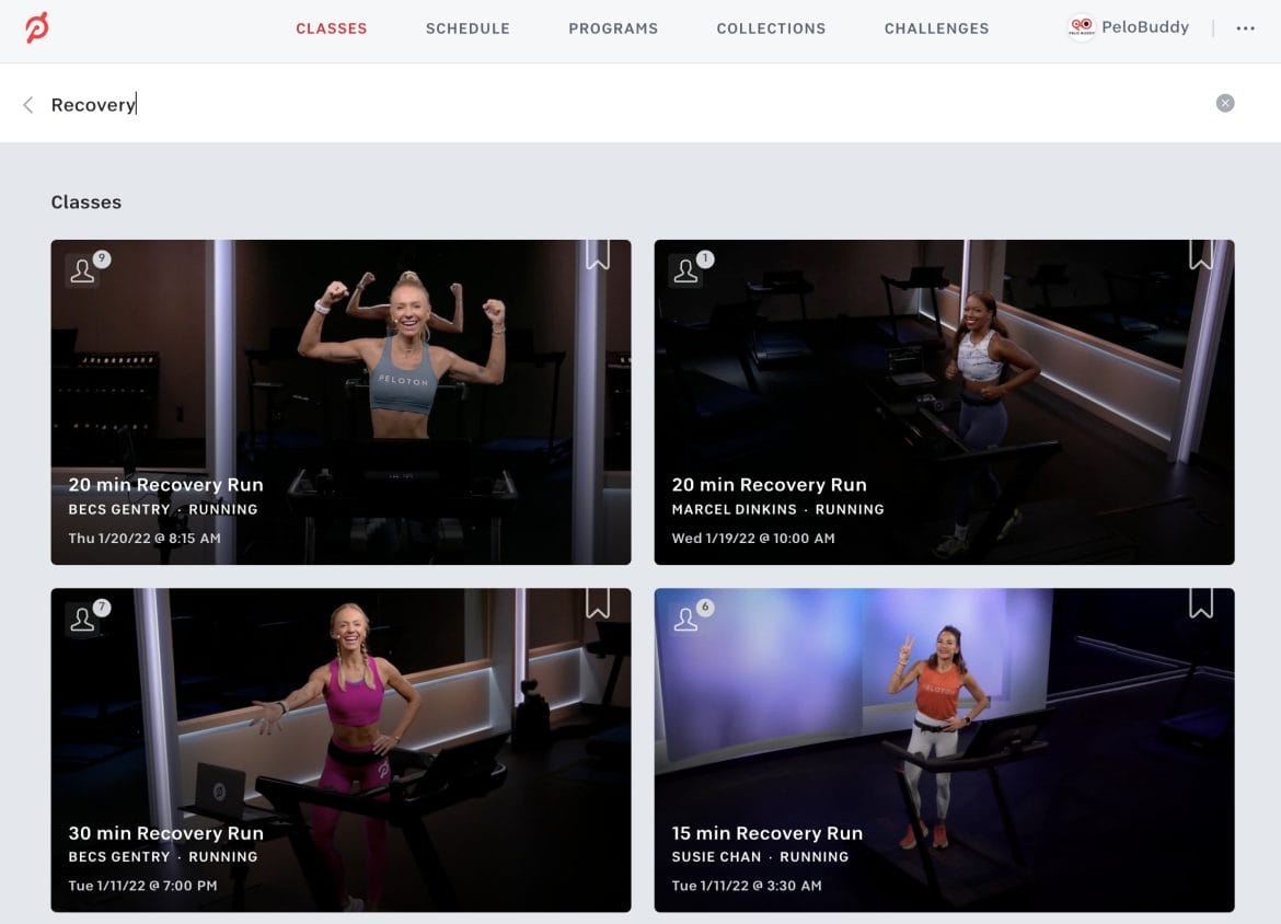 Recovery class search on Peloton web browser.
