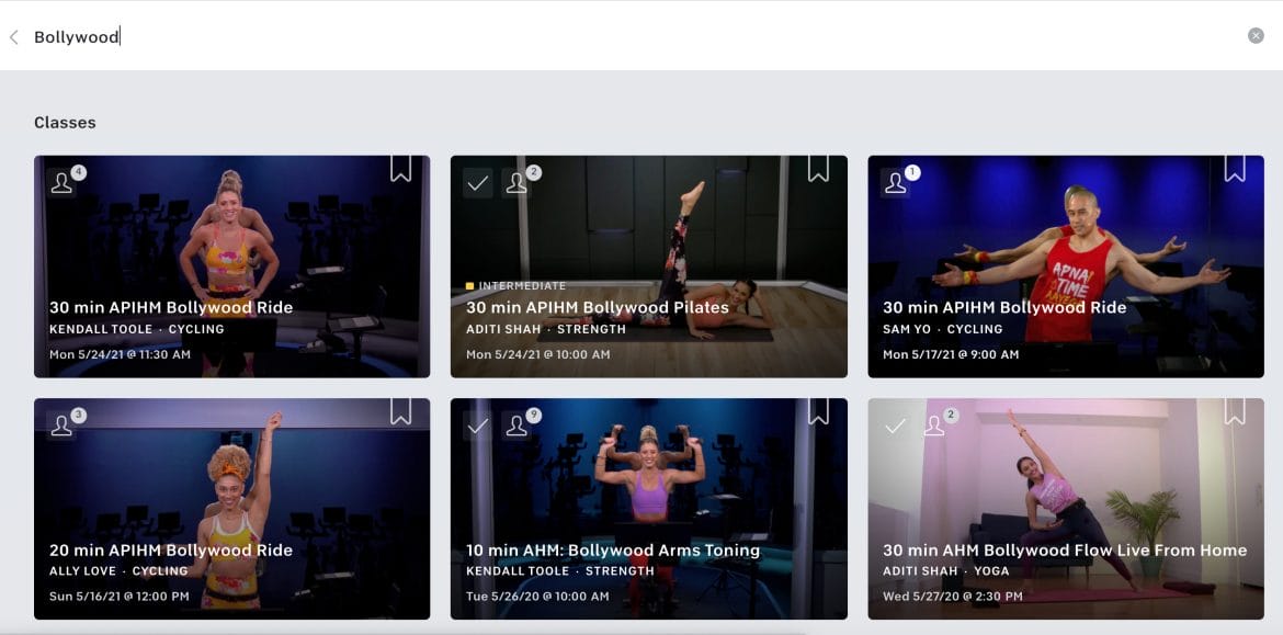 Bollywood search on Peloton web browser.
