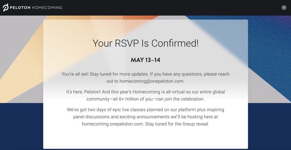 RSVP Confirmation of Peloton Homecoming 2022.