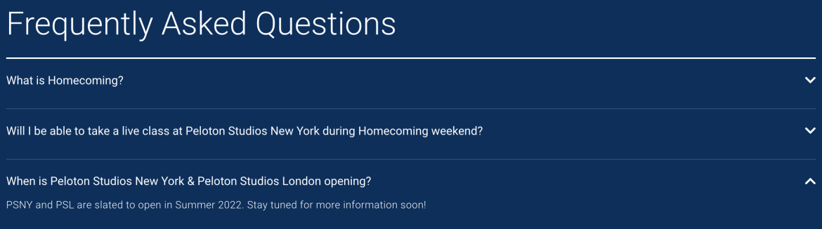Peloton Homecoming FAQs containing answer about PSNY and PSL reopening.