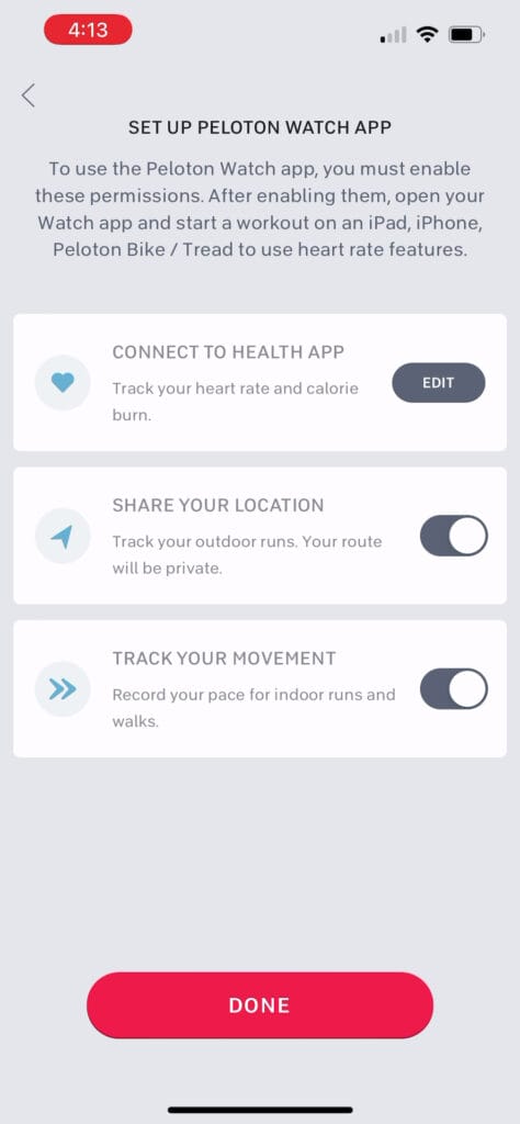 A setup screen on the iPhone to configure an Apple Watch as a heart rate monitor for the Peloton Bike or Tread.