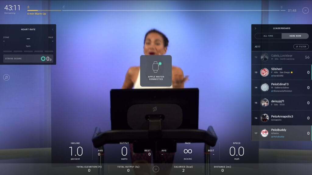 The Apple Watch as a heart rate monitor on a Peloton Tread class.