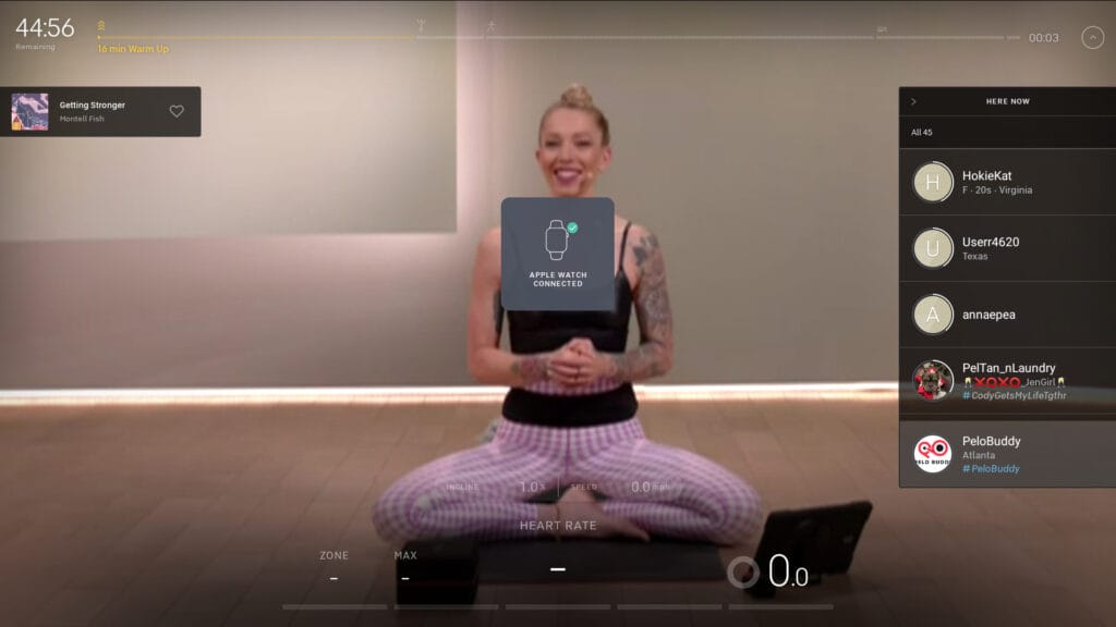 Apple Watch connecting to a Yoga class on the Peloton Bike+