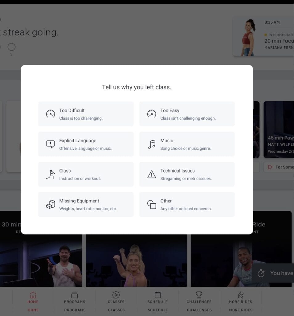 Feedback menu after departing a Peloton class early.