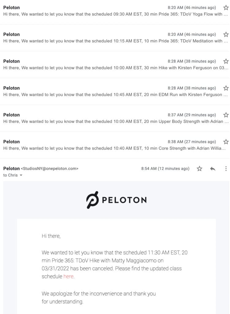 A sampling of some of the classes cancelled this morning & afternoon from Peloton New York.
