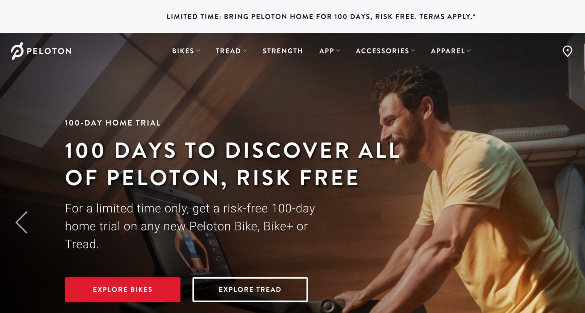 Updated Peloton home page promoting extended 100 day at-home trial.