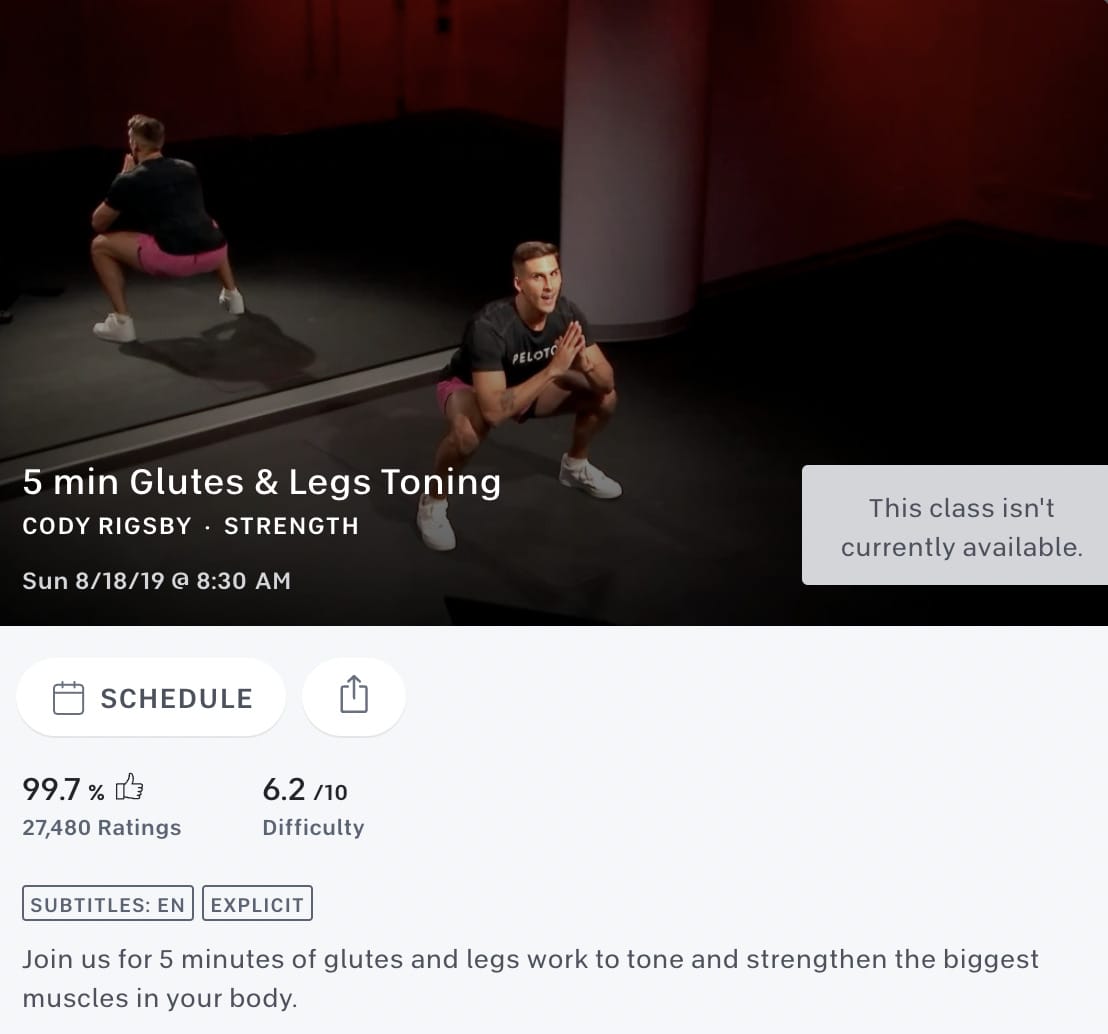 Cody Rigsby 5 min. Glutes & Legs Toning removed from on demand library.