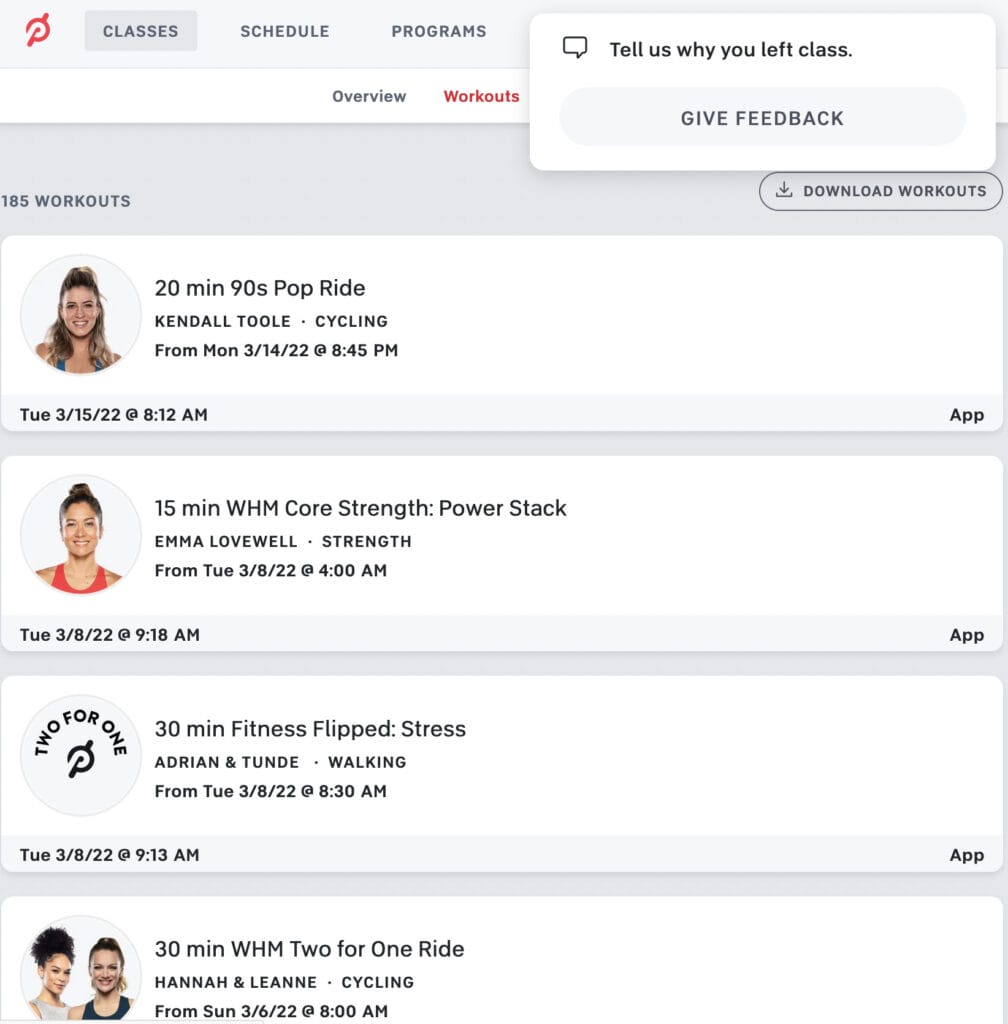 Feedback pop-up notification after exiting a class early through a Peloton web browser.