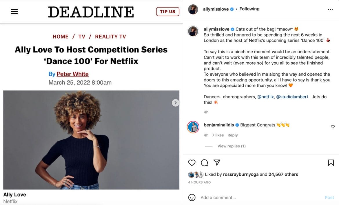 Ally Love's Instagram post announcing her new hosting gig.