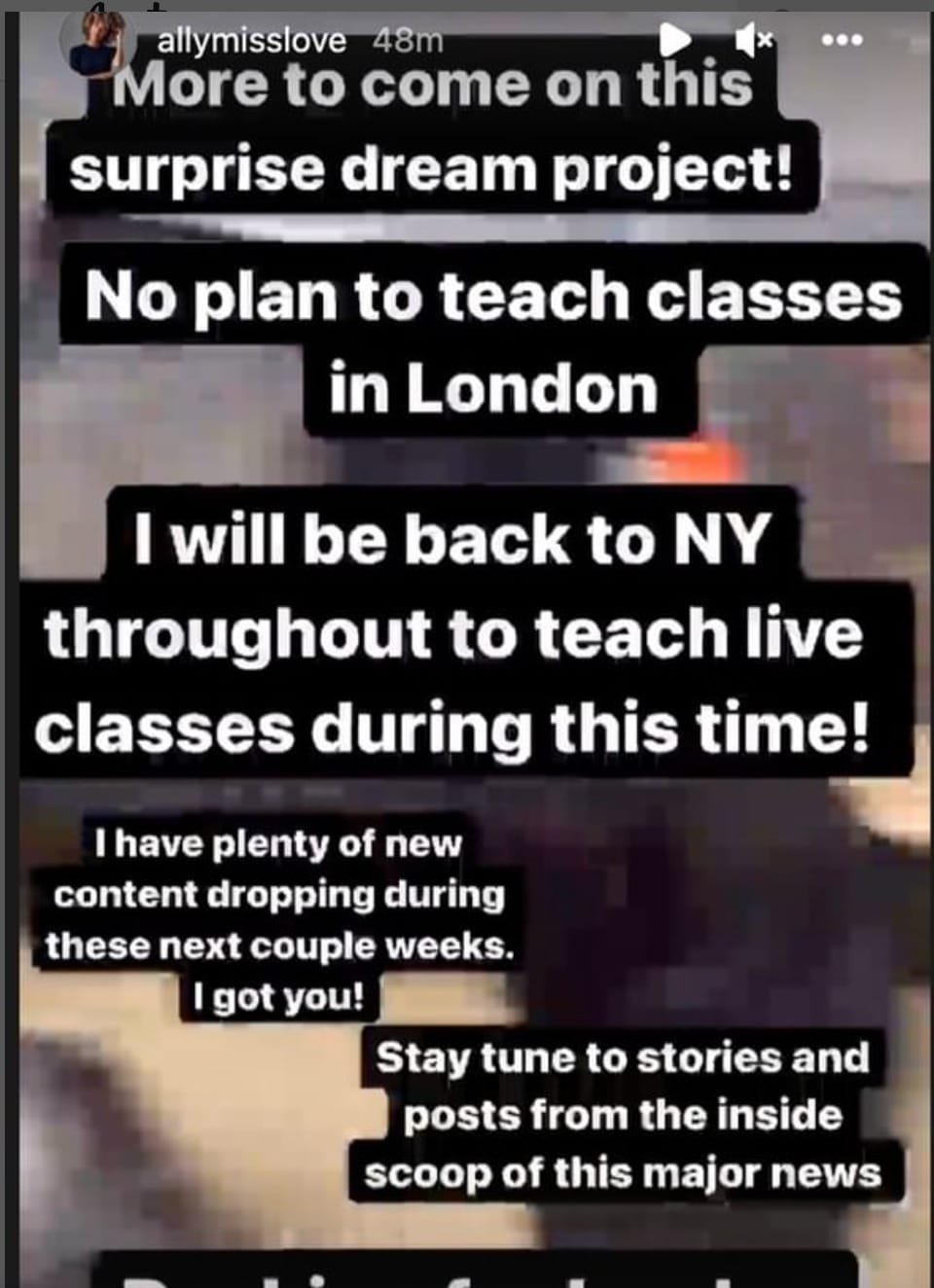 Ally Love's Instagram story teasing her trip to London.