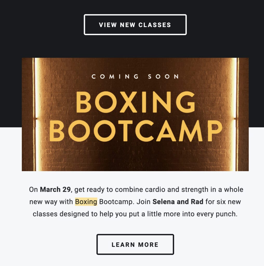 Peloton email to members teasing boxing bootcamp