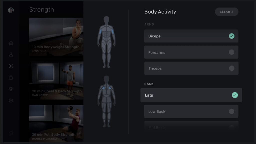 New user interface on the Peloton Guide allowing you to search for classes based on muscle groups worked.