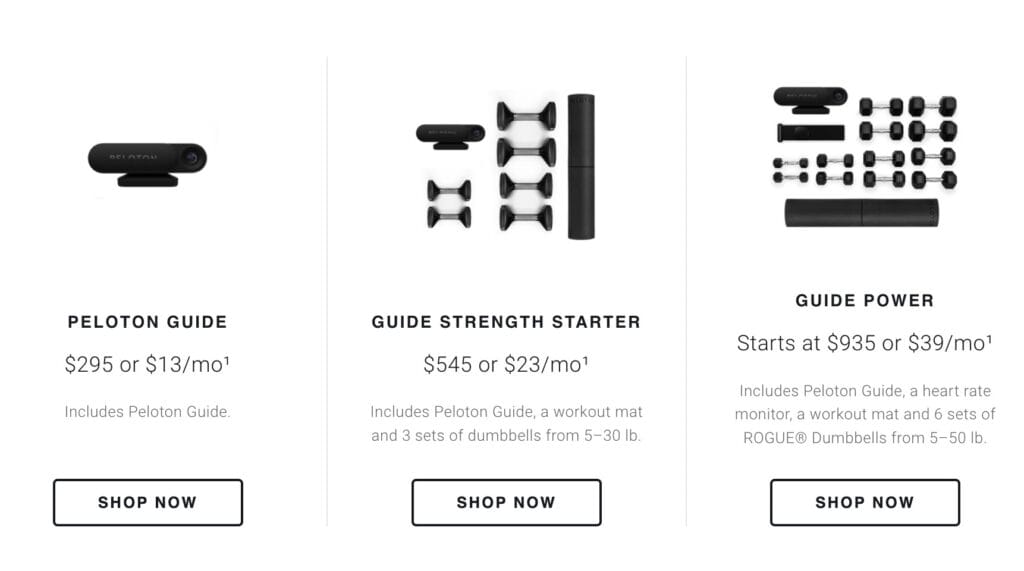 3 different packages available for Peloton Guide.