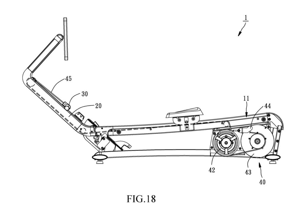 Another view of the patented rower, with the cover removed and the resistance mechanisms shown.