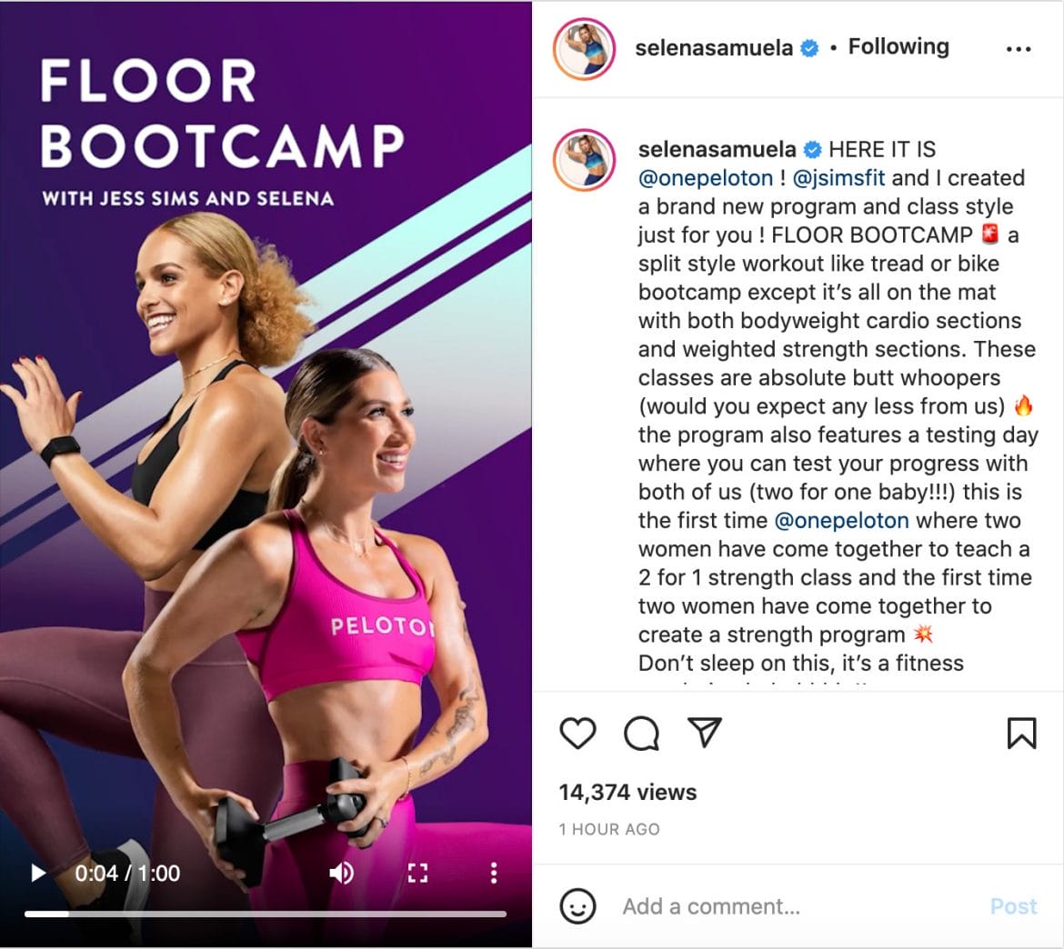 Selena Samuela's Instagram post announcing the new Floor Bootcamp program.