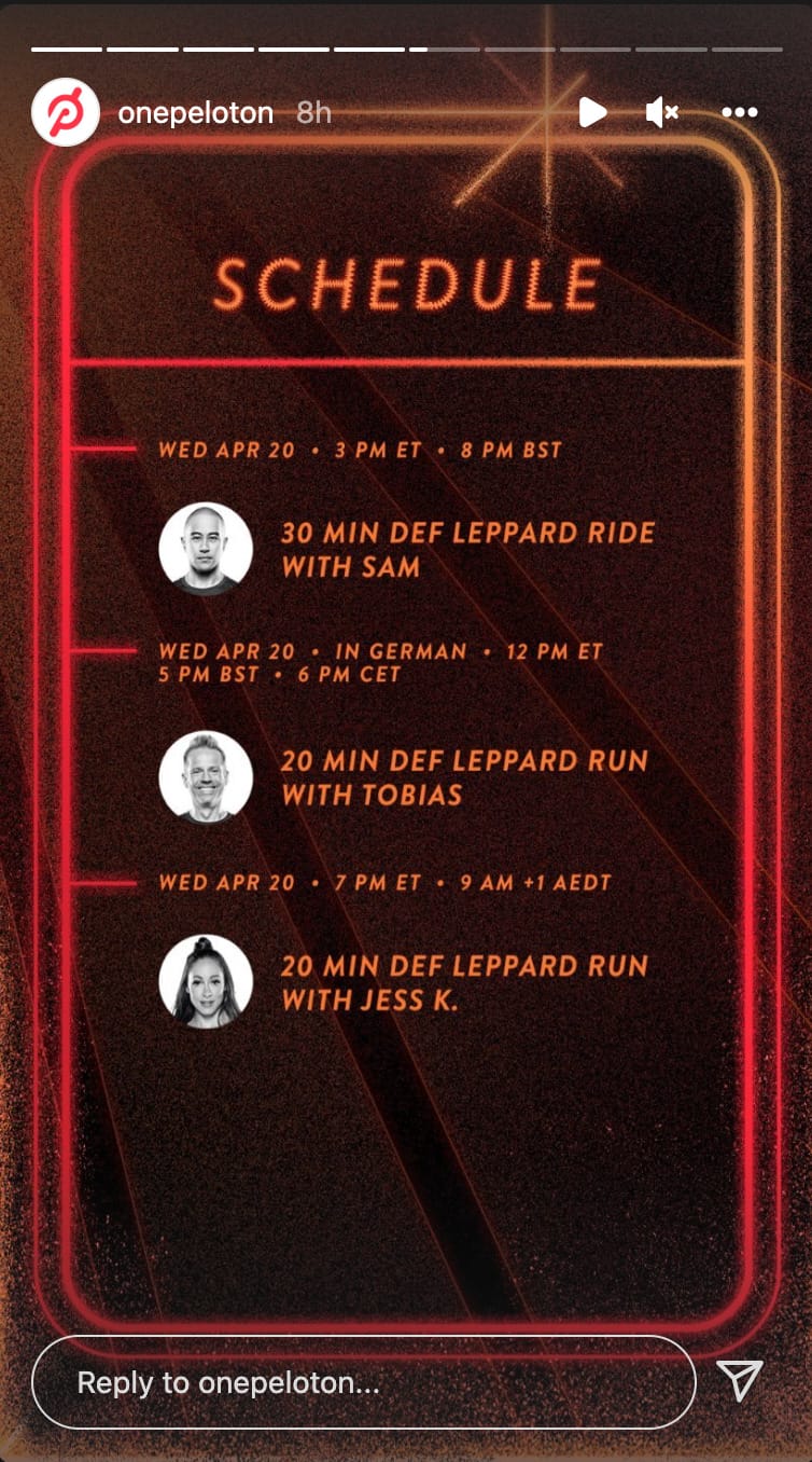 Peloton Def Leppard class schedule. Image credit Peloton social media.