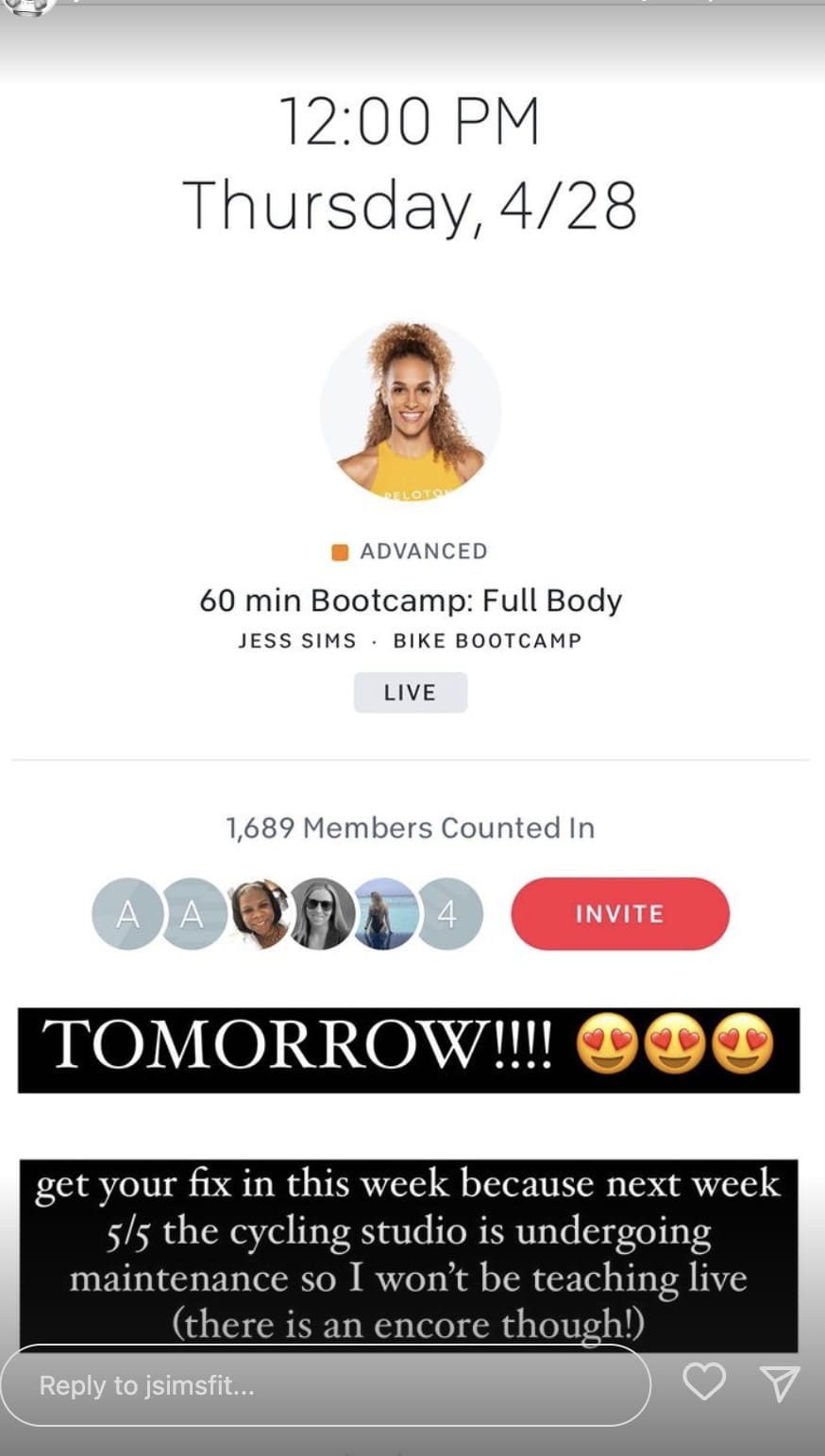 Jess Sims' Instagram story regarding 5/5 Bike Bootcamp.