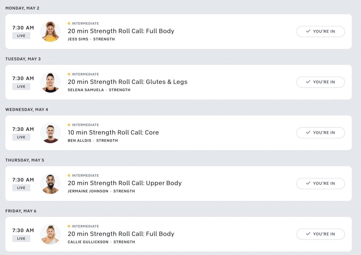 Peloton Roll Call strength schedule for the week of May 2.