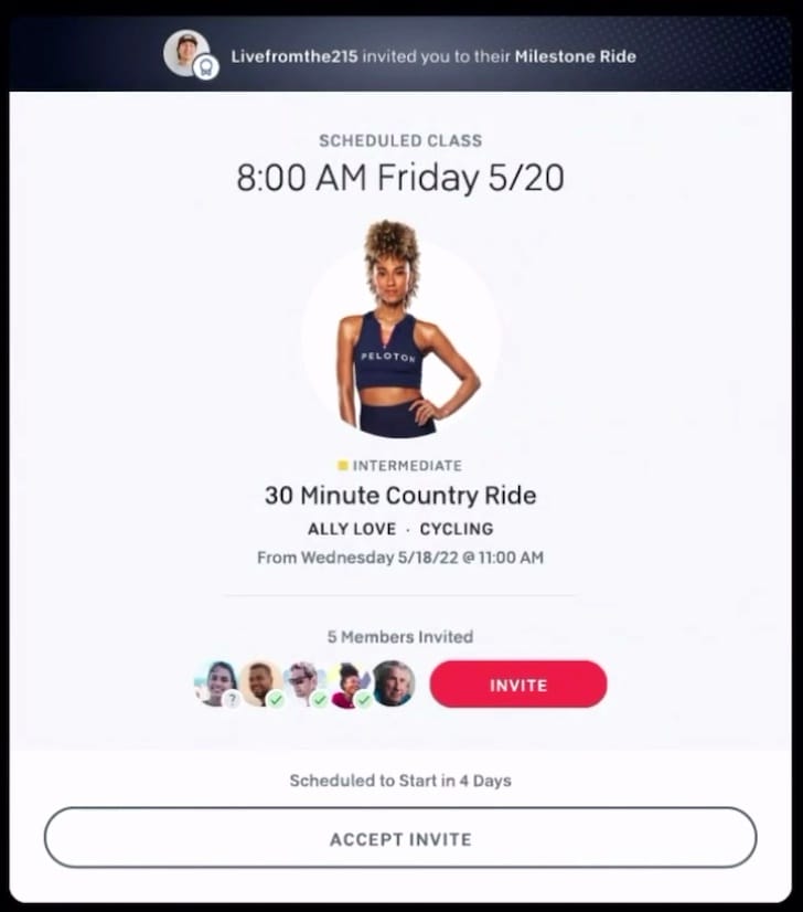 Image of the screen to accept invites. Image credit Peloton Keynote.