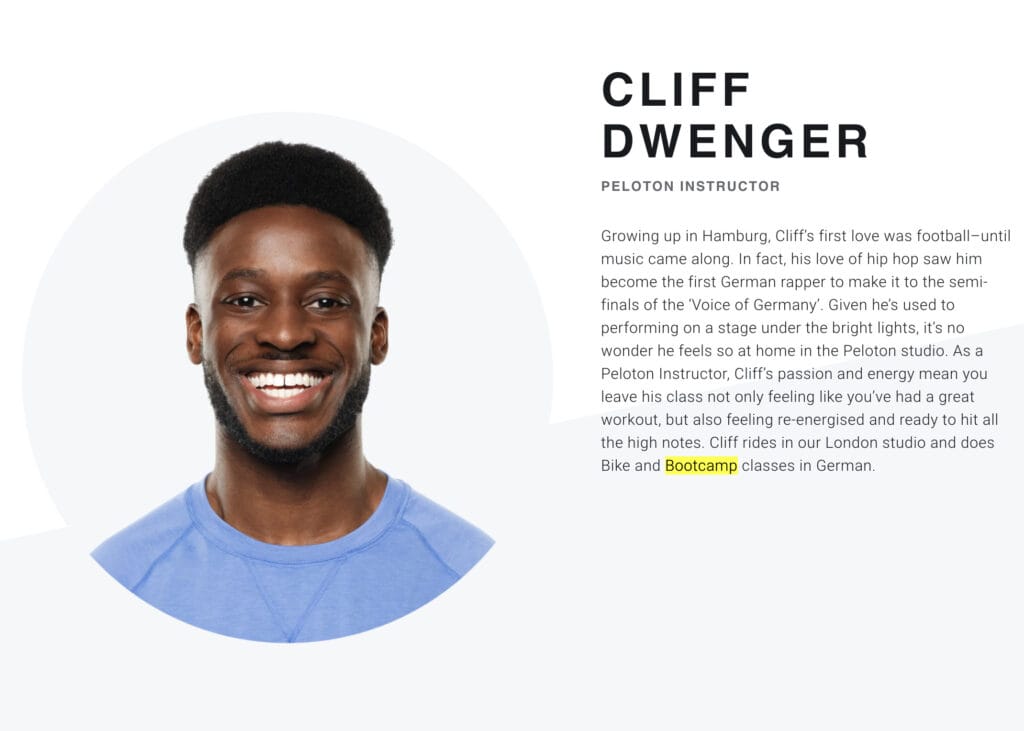 Cliff Dwenger's Peloton page indicating he will be teaching Bootcamp classes.